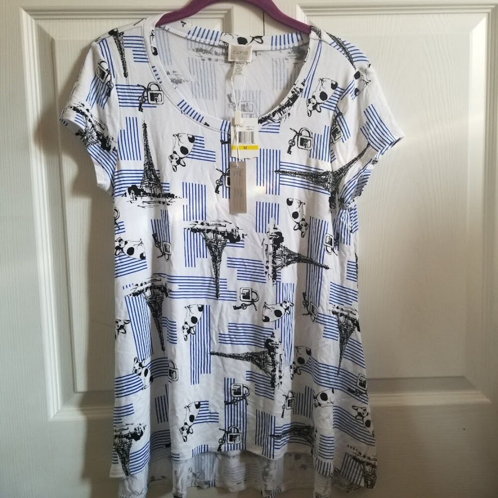 Cupio Women's Blouse Medium White Black Blue French Bulldog Eiffel Tower France